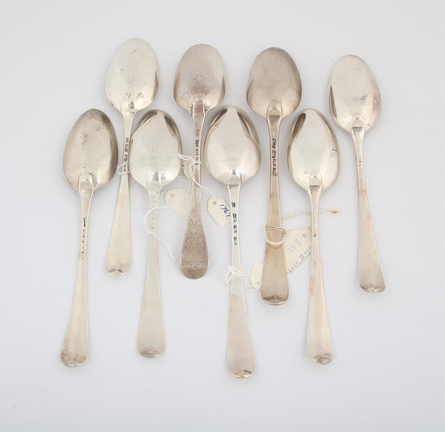 Eight various 18th century Old English pattern spoons, 17 ozs, 538 grams SILVER COLLECTION OF SIR - Image 2 of 2