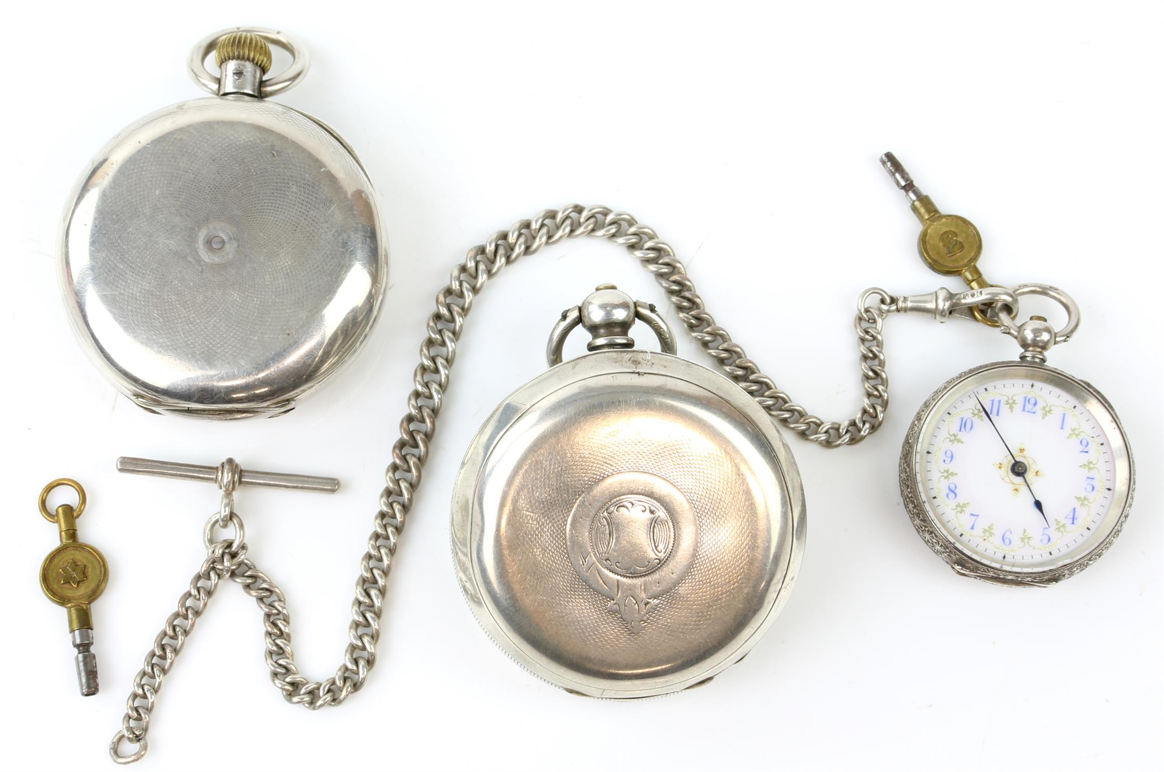 Three Swiss 935 silver pocket watches, including a ladies with an ornate dial and Albert chain, - Image 2 of 9