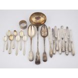 George III silver ladle, London 1814, pair of table spoons and napkin ring, 14oz 436gm,