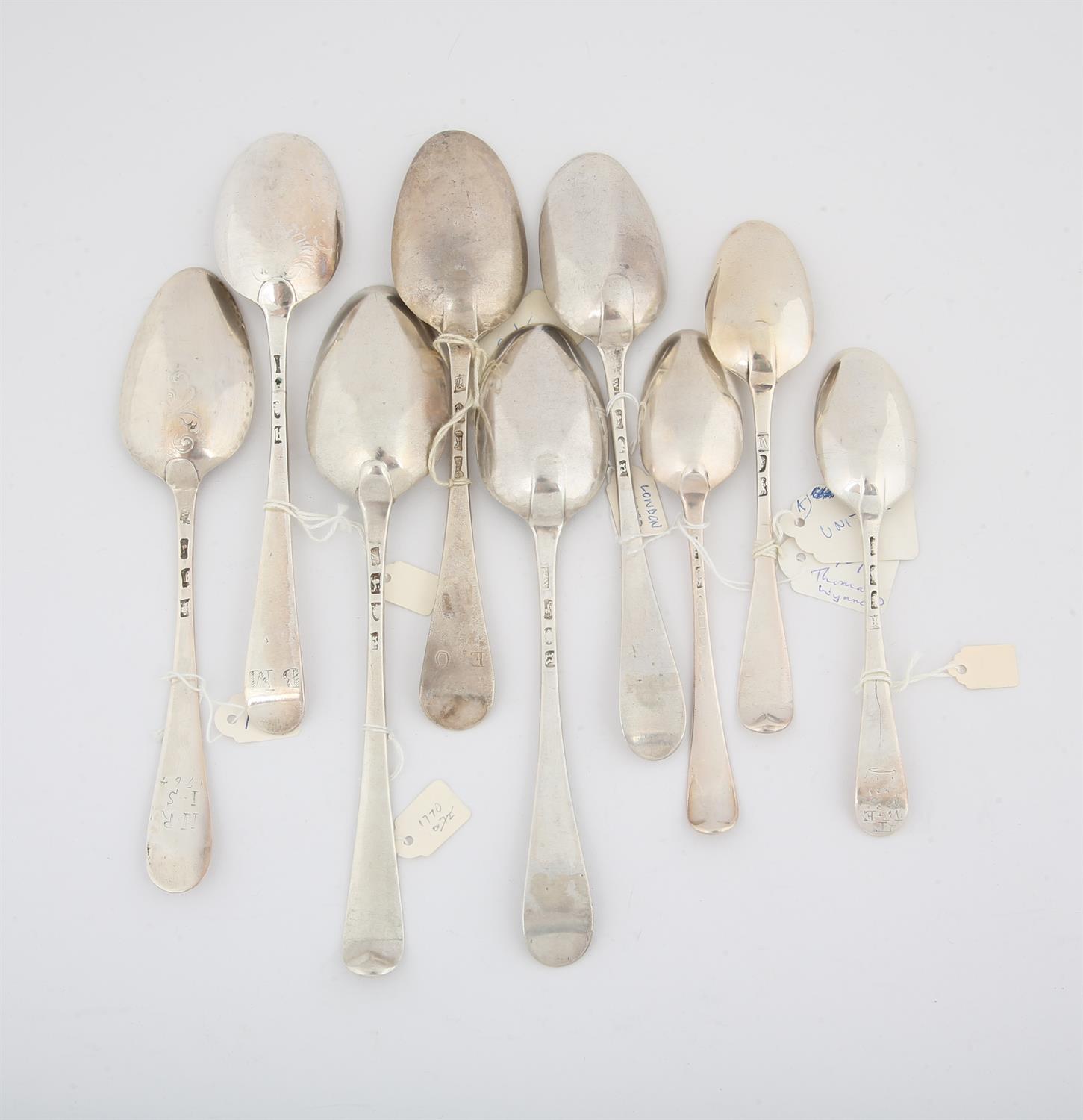 Nine various 18th century silver spoons 13,5 ozs 422 grams SILVER COLLECTION OF SIR RAY TINDLE - Image 2 of 2