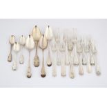 Various George III and later silver flatware comprising four table spoons, six table forks,