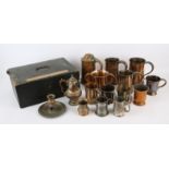 Various old Sheffield plater mugs and tankards and a leather writing box SILVER COLLECTION OF SIR