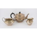 George V silver three piece tea service, comprising teapot, cream jug and sugar bowl, by Viners Ltd.