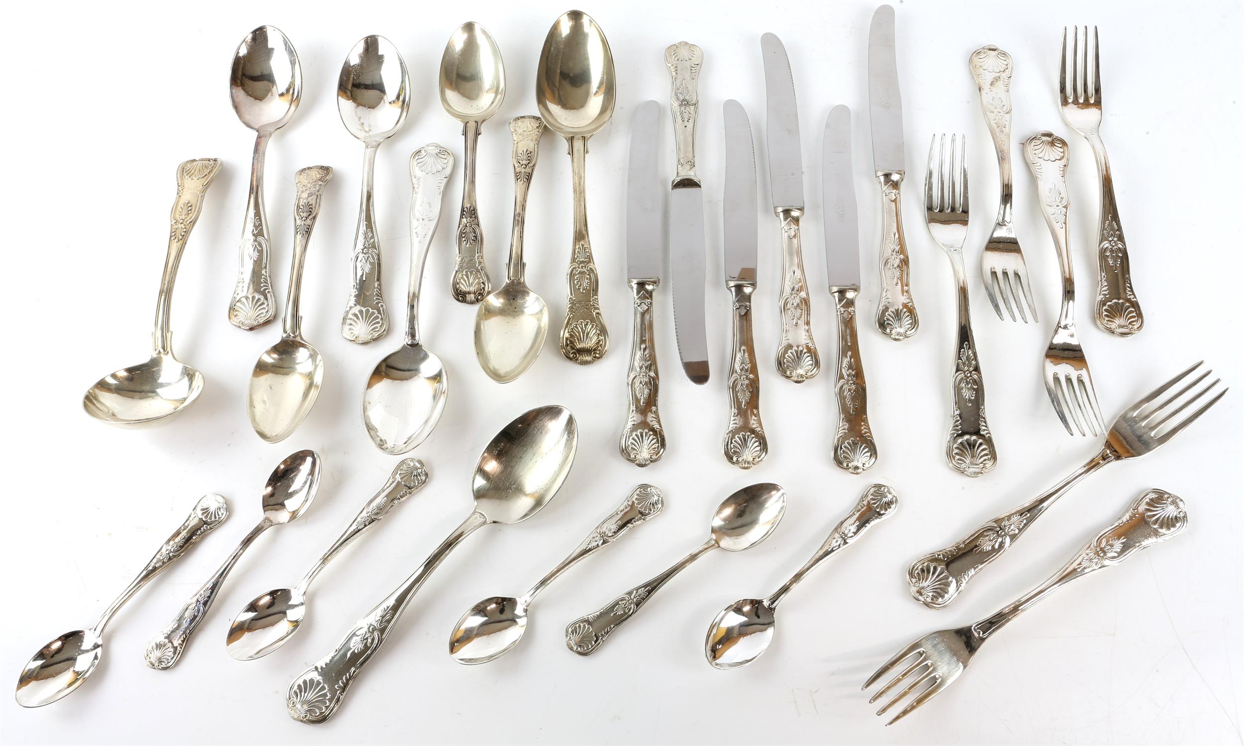 Kings pattern flatware mostly marked 800 some pieces with English hall marks, comprising seven