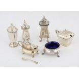 Various cruet silver items including a square mustard pot (no liner), and another,