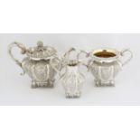 Victorian silver good quality three piece tea service decorated with embossed panels of flowers and