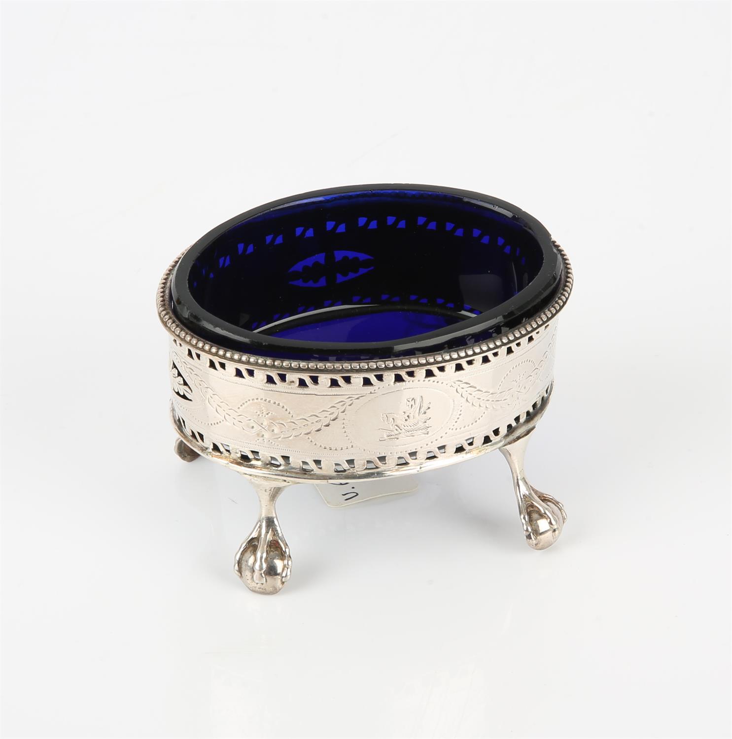 George III oval silver salt with pierced decoration, by Hester Bateman, blue glass liner, 1.