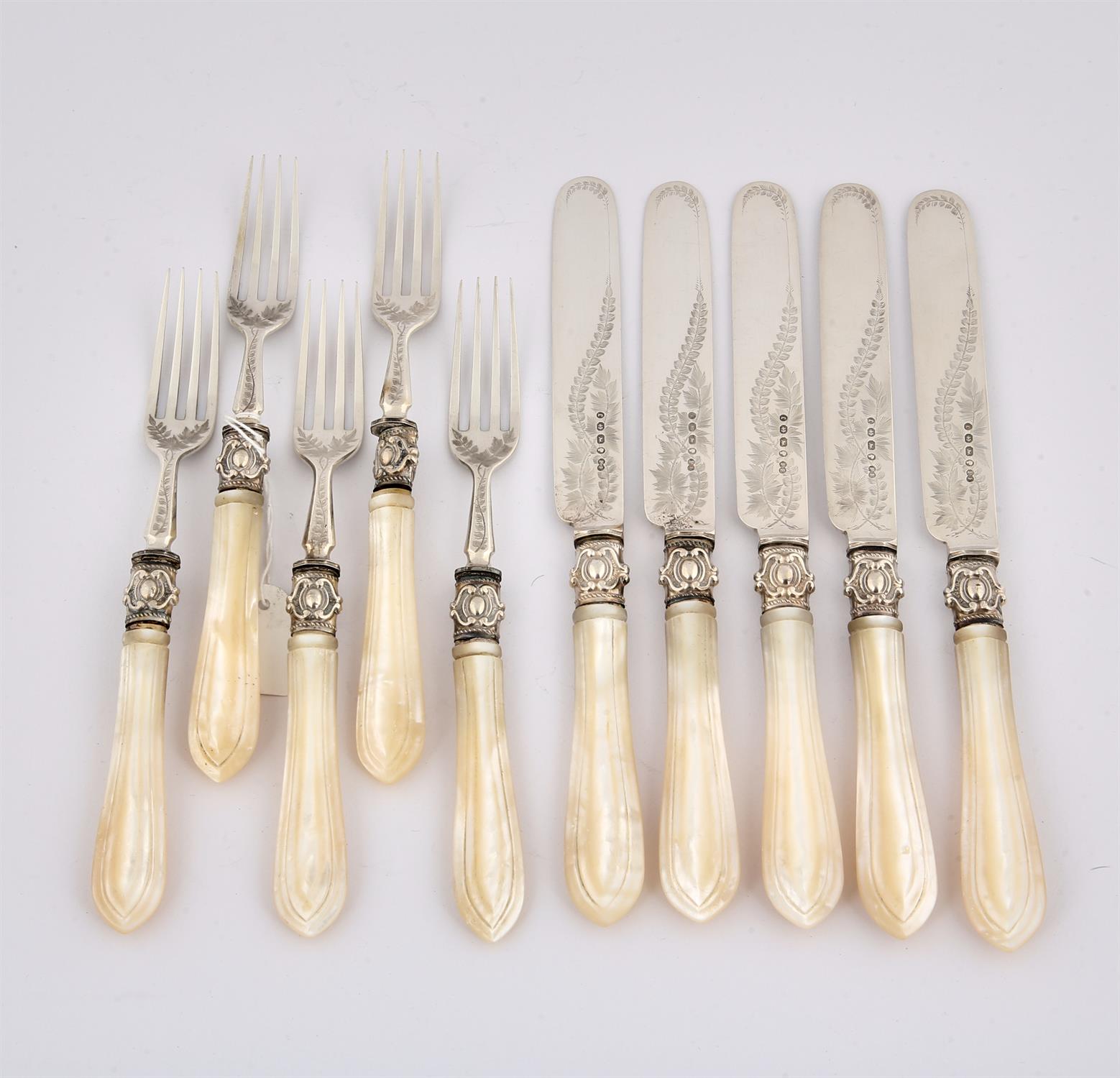 Set of five Victorian engraved silver tea knives and forks with mother of pearl handles SILVER