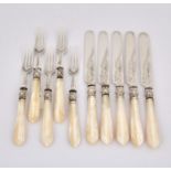 Set of five Victorian engraved silver tea knives and forks with mother of pearl handles SILVER