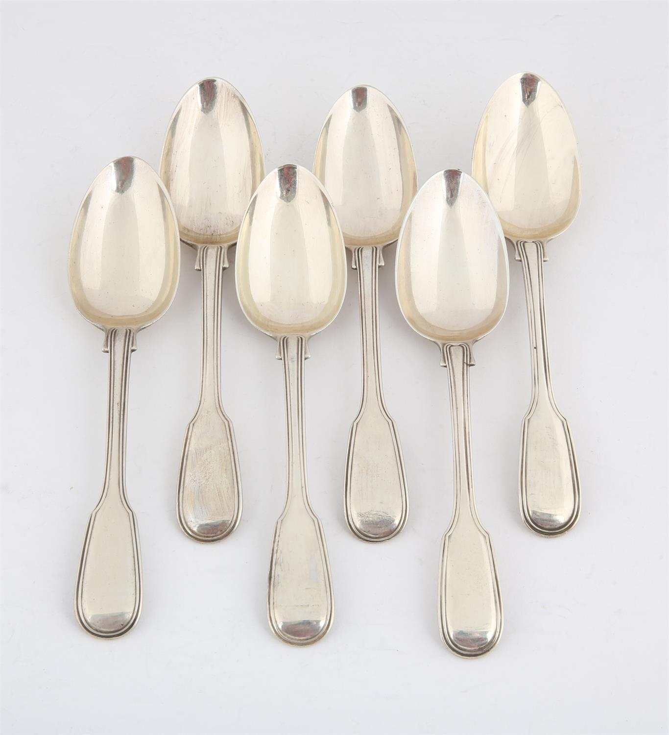 Six 19th century silver fiddle and thread dessert spoons, (two dates), 10.8 ozs 337 grams SILVER