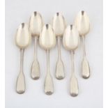 Six 19th century silver fiddle and thread dessert spoons, (two dates), 10.8 ozs 337 grams SILVER
