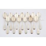 Thirteen various silver fiddle pattern dessert spoons, George III and later, 16.8 ozs,