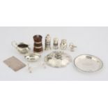 Collection of small silver items, comprising a card case, three pepper pots, pepper grinder,