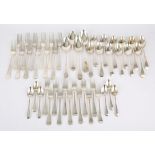 Composite George III and later Old English Pattern silver flatware comprising four table spoons,