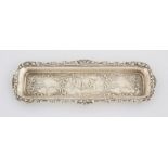 Rectangular silver pin tray embossed in Dutch manner with a figure serenading two ladies, 23 cms, 2.