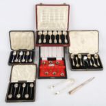 Cased silver and uncased sets, six teaspoons and tongs, six teaspoons, two sets of bean end coffee