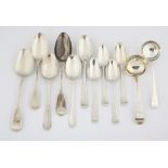 Various silver flatware mostly George III, five dessert spoons, five table spoons, two sauce ladles,