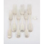 Six Victorian English provincial silver fiddle pattern dessert forks, all with Exeter hallmarks,