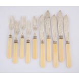 Victorian set of five silver fish knives and forks with engraved blades, bone handles,