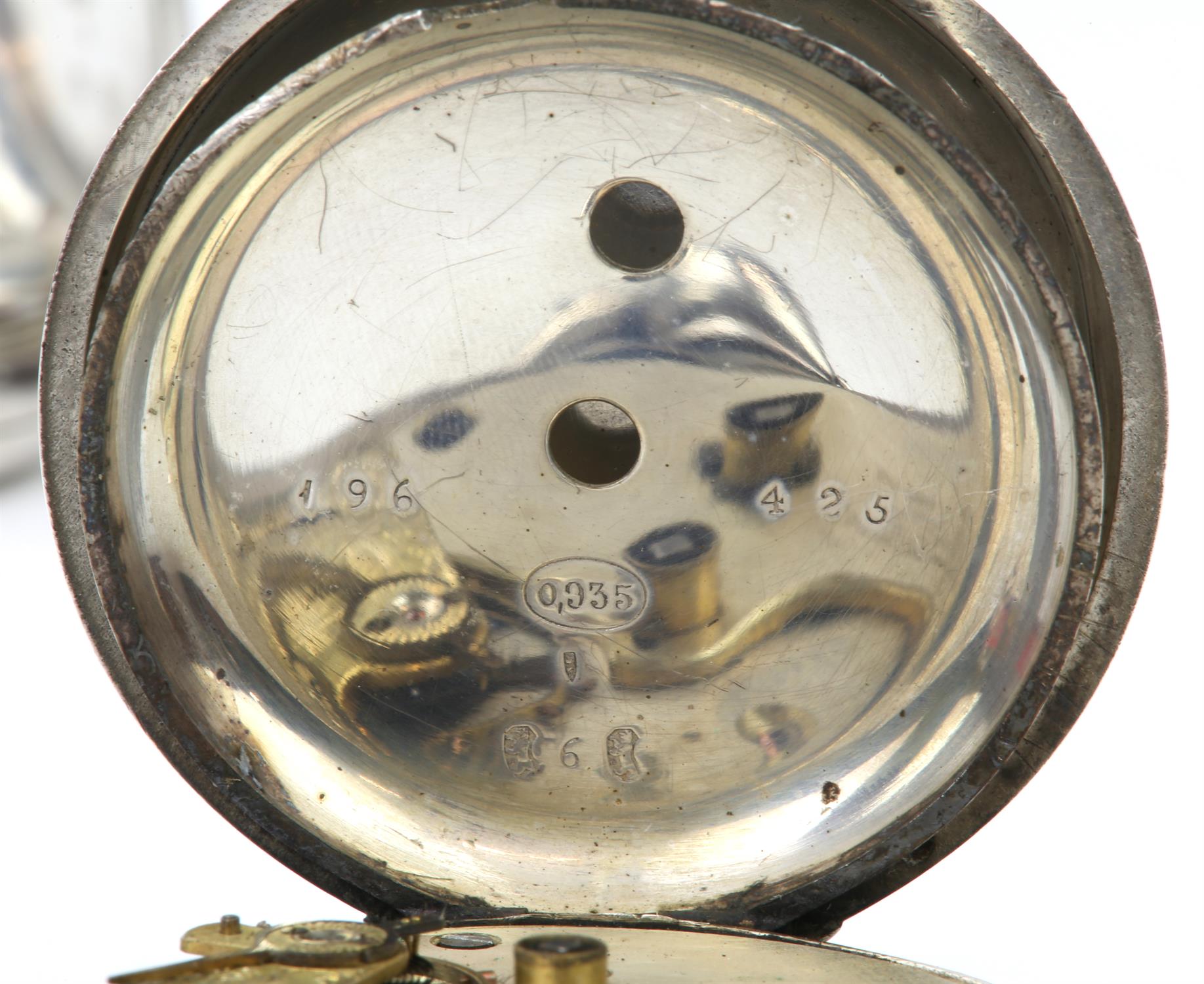 Three Swiss 935 silver pocket watches, including a ladies with an ornate dial and Albert chain, - Image 8 of 9