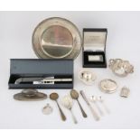 Collection of small items mostly silver including, a silver plate, vesta case, pierced small dish,