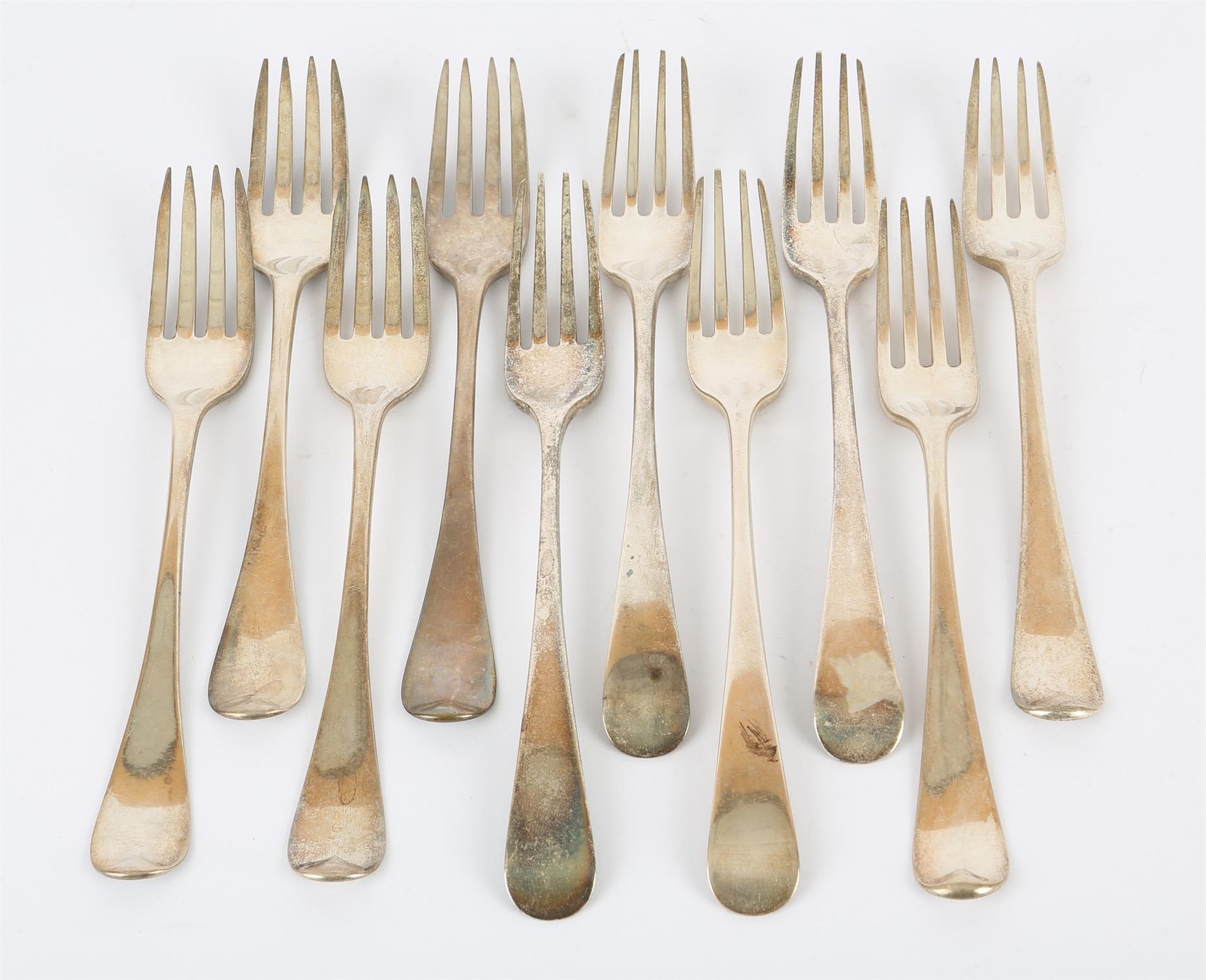 Ten George III Old English pattern table forks, four Joseph Hicks, Exeter, 1802, two Robert Clarke,