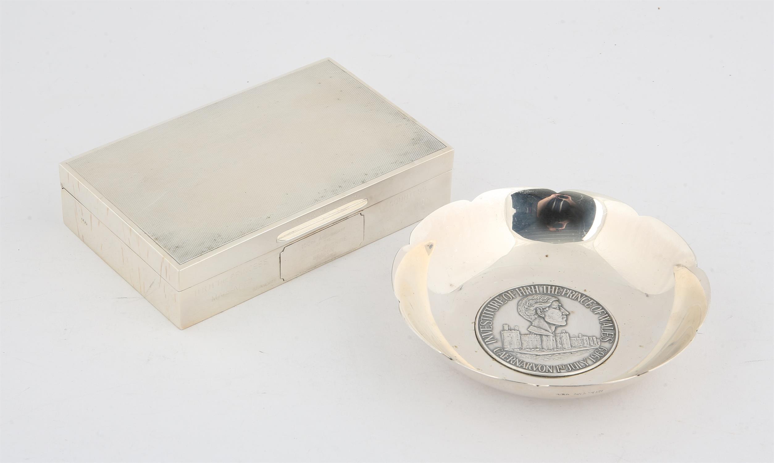 Engine turned silver cigarette box inscribed, " This box was used by Princess Margaret on the 150th