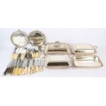 Various silver plated entree dishes etc including knives and cutlery SILVER COLLECTION OF SIR