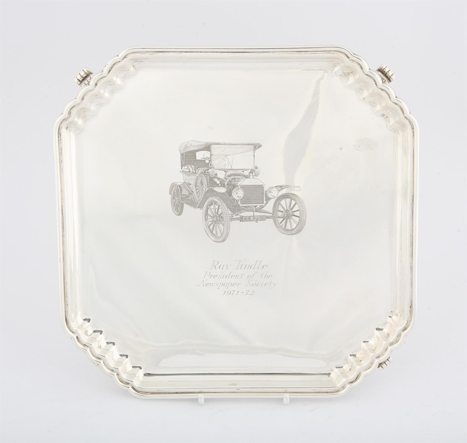 Elizabeth II octagonal silver salver inscribed, with a vintage car and Ray Tindle President of the