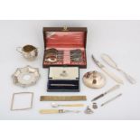 Various small decorative items mostly silver including a propelling pencil, small embossed