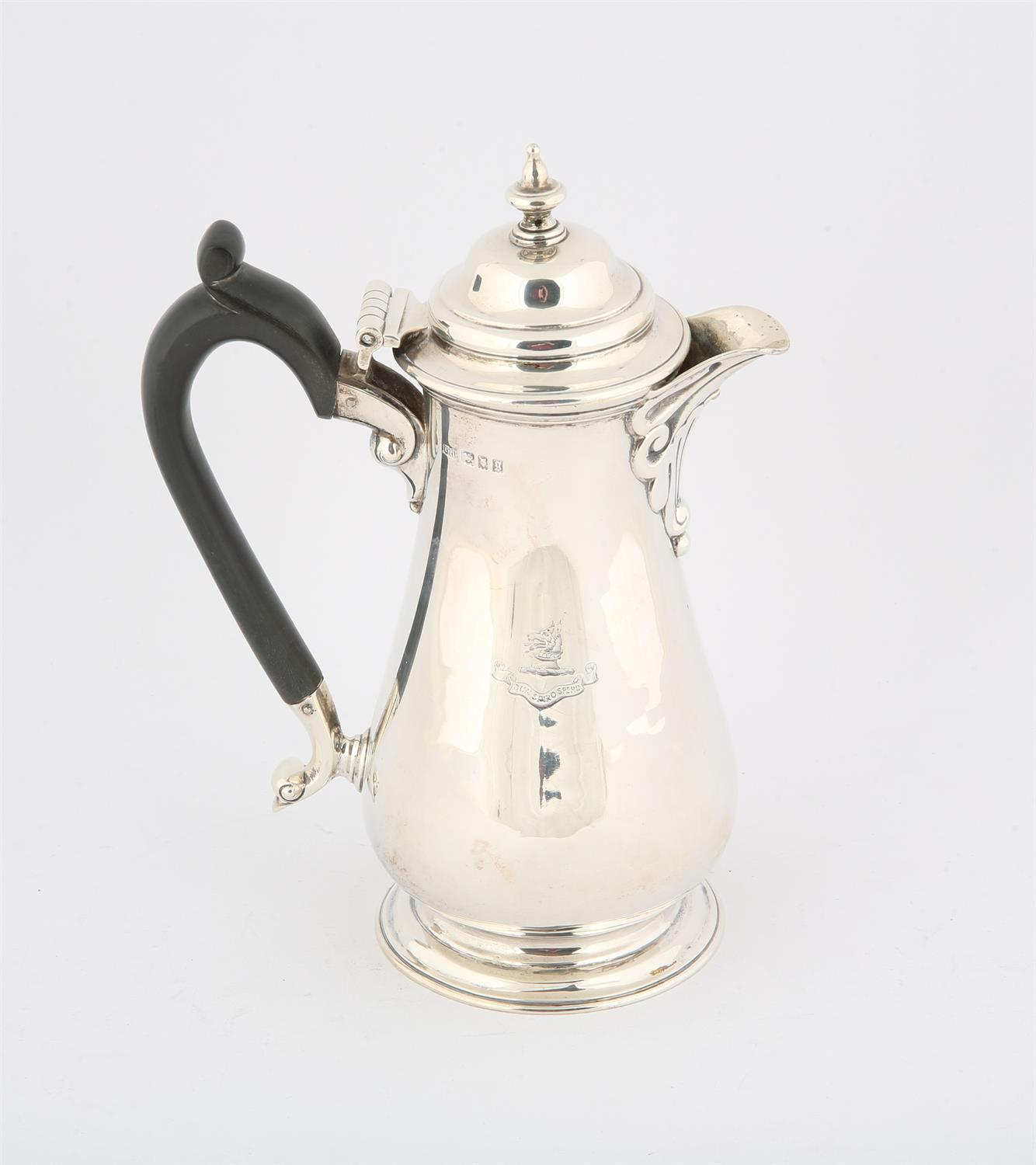 George V coffee pot of baluster form, engraved with an armorial and motto "Dum Spiro Spero",