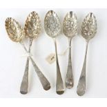 Pair of George III silver berry spoons and three other berry spoons, 11.2 ozs 350 grams SILVER