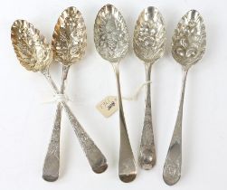 Pair of George III silver berry spoons and three other berry spoons, 11.2 ozs 350 grams SILVER