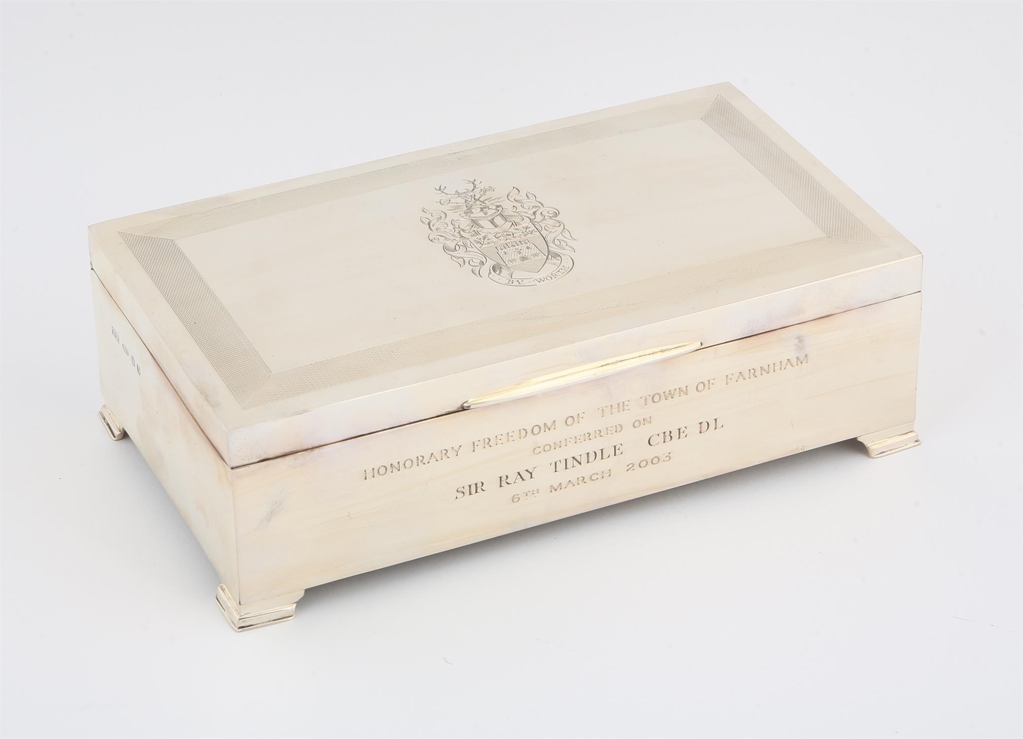 Engine turned silver box with coat of Arms and inscription, " Honorary freedom of the town of