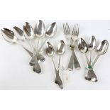 George III and later silver bright cut engraved flatware comprising, five dessert spoons (same