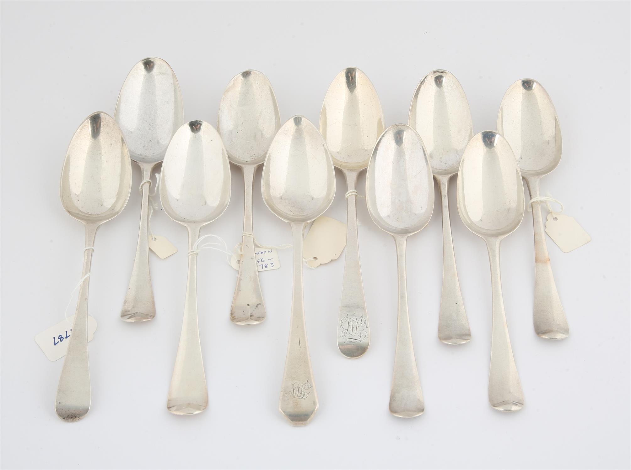 Ten various 18th century silver Old English pattern table spoons, 20.6 ozs 641 grams SILVER