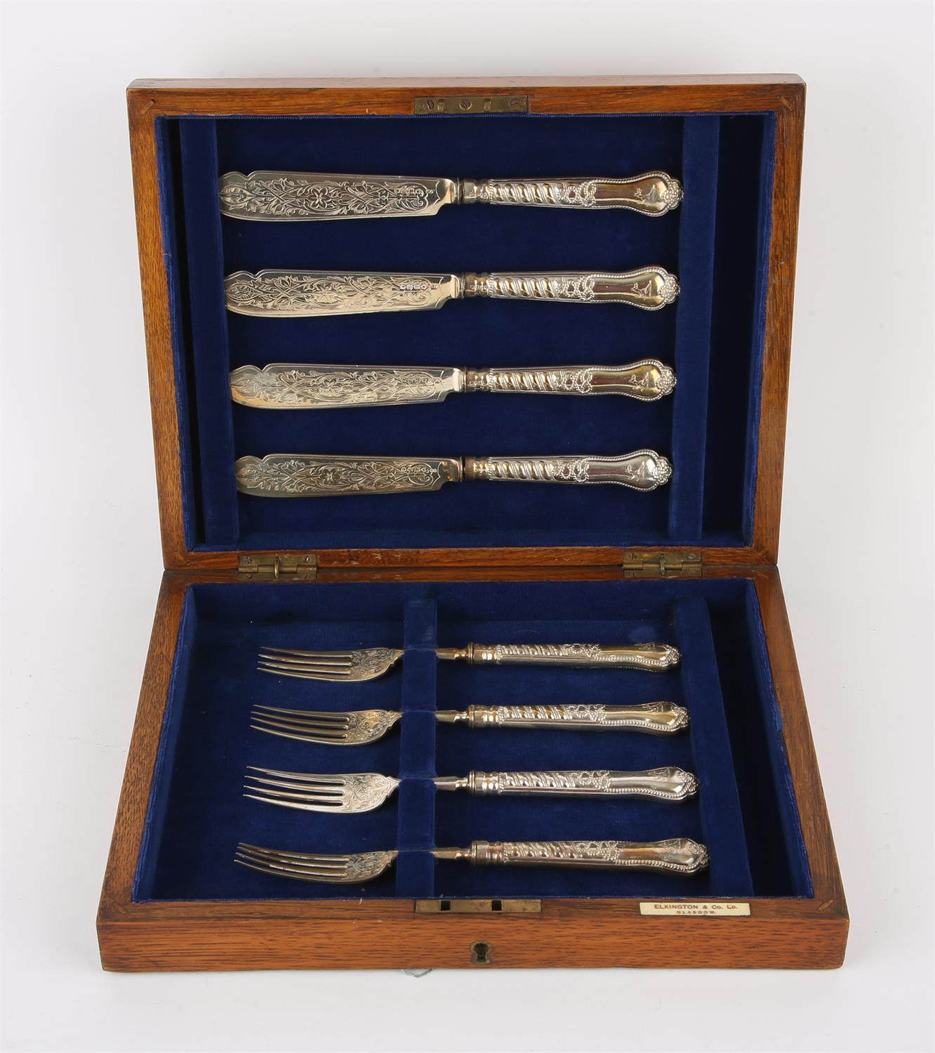 Set of four very decorative Victorian knives and forks by GA London 1853 in an oak case SILVER