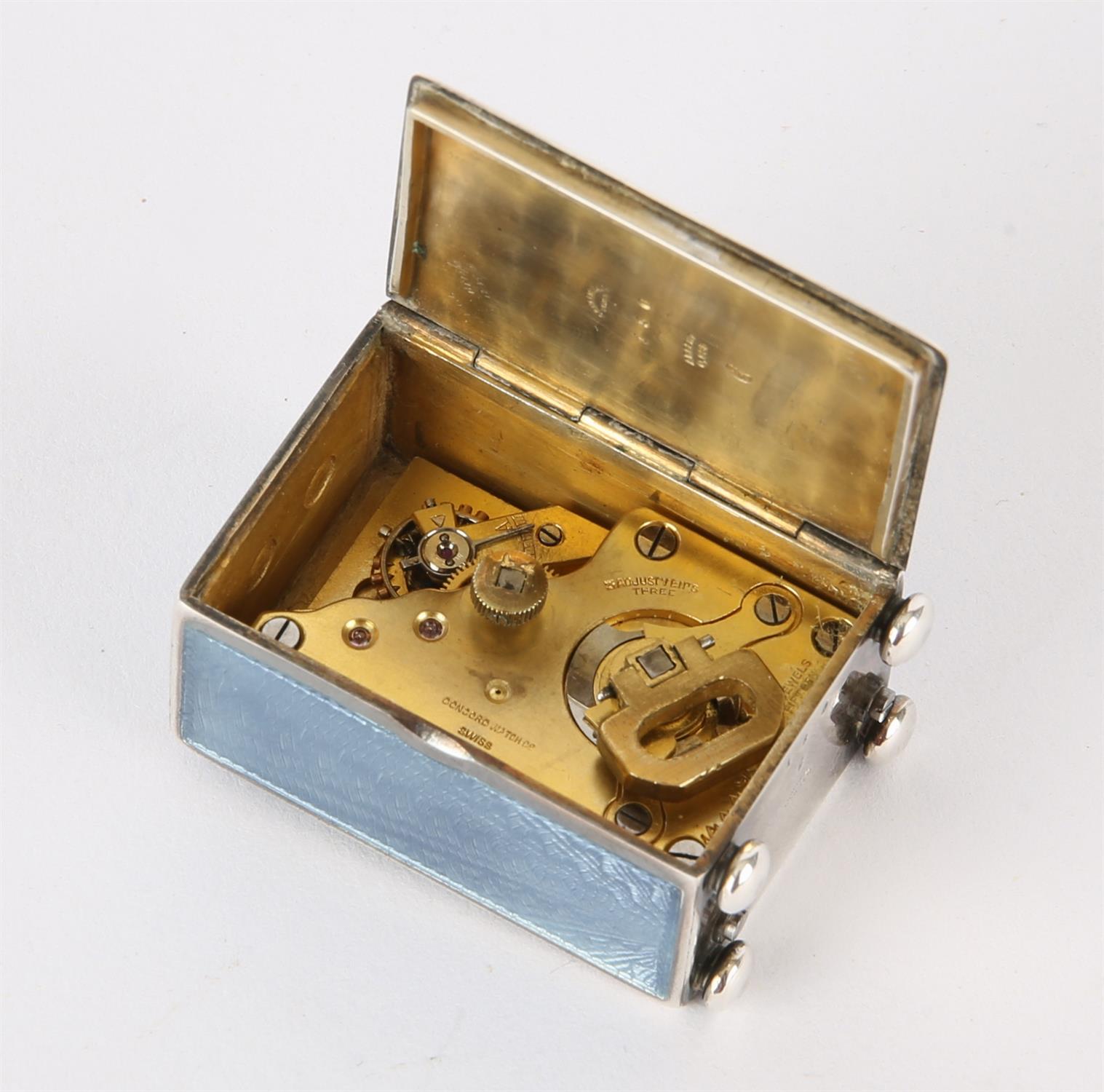 Miniature Swiss rectangular timepiece with guilloche blue enamel on silver, 935, Arabic numerals, - Image 2 of 2