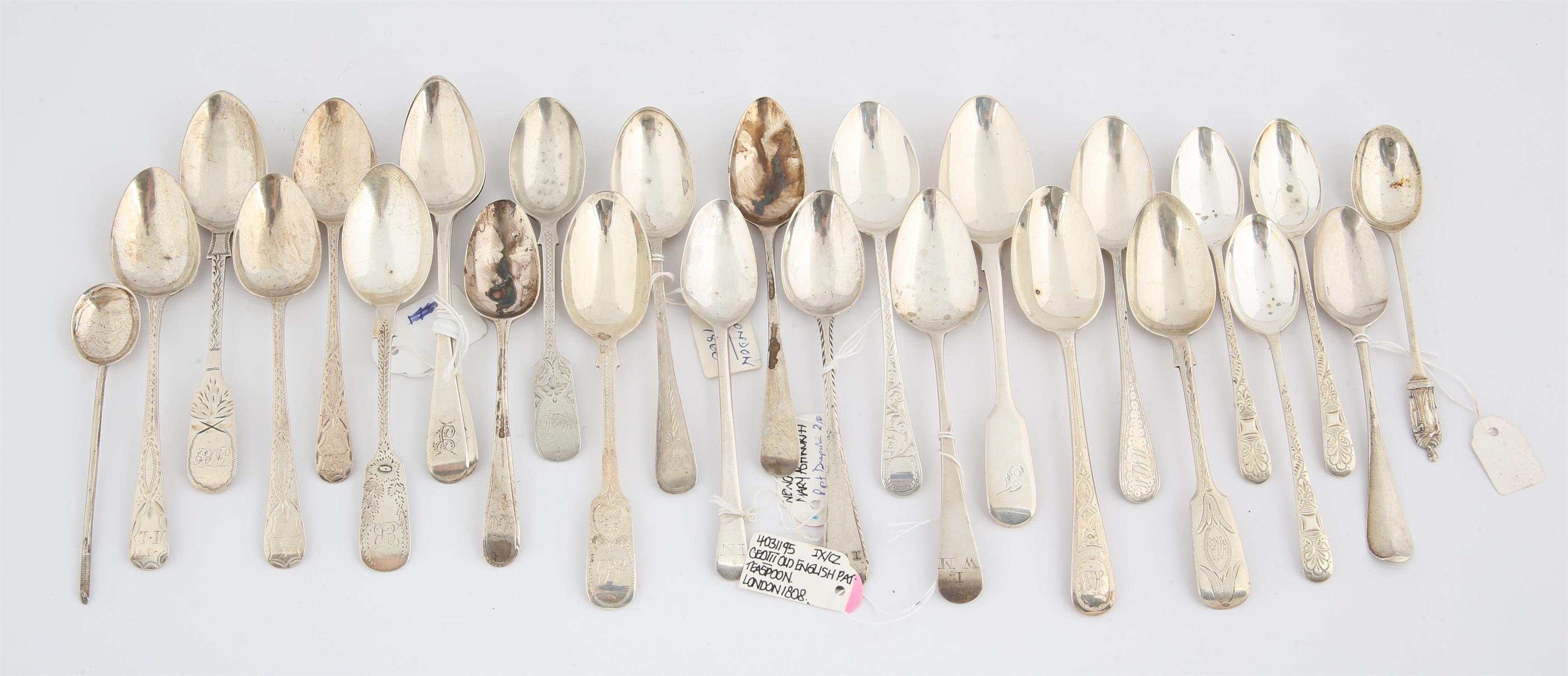 Collection of twenty five 18th and 19th century silver teaspoons mostly with decorated handles, 11.