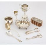 Various small silver and plated items, comprising, treen box and cover, oval dish, small round bowl,