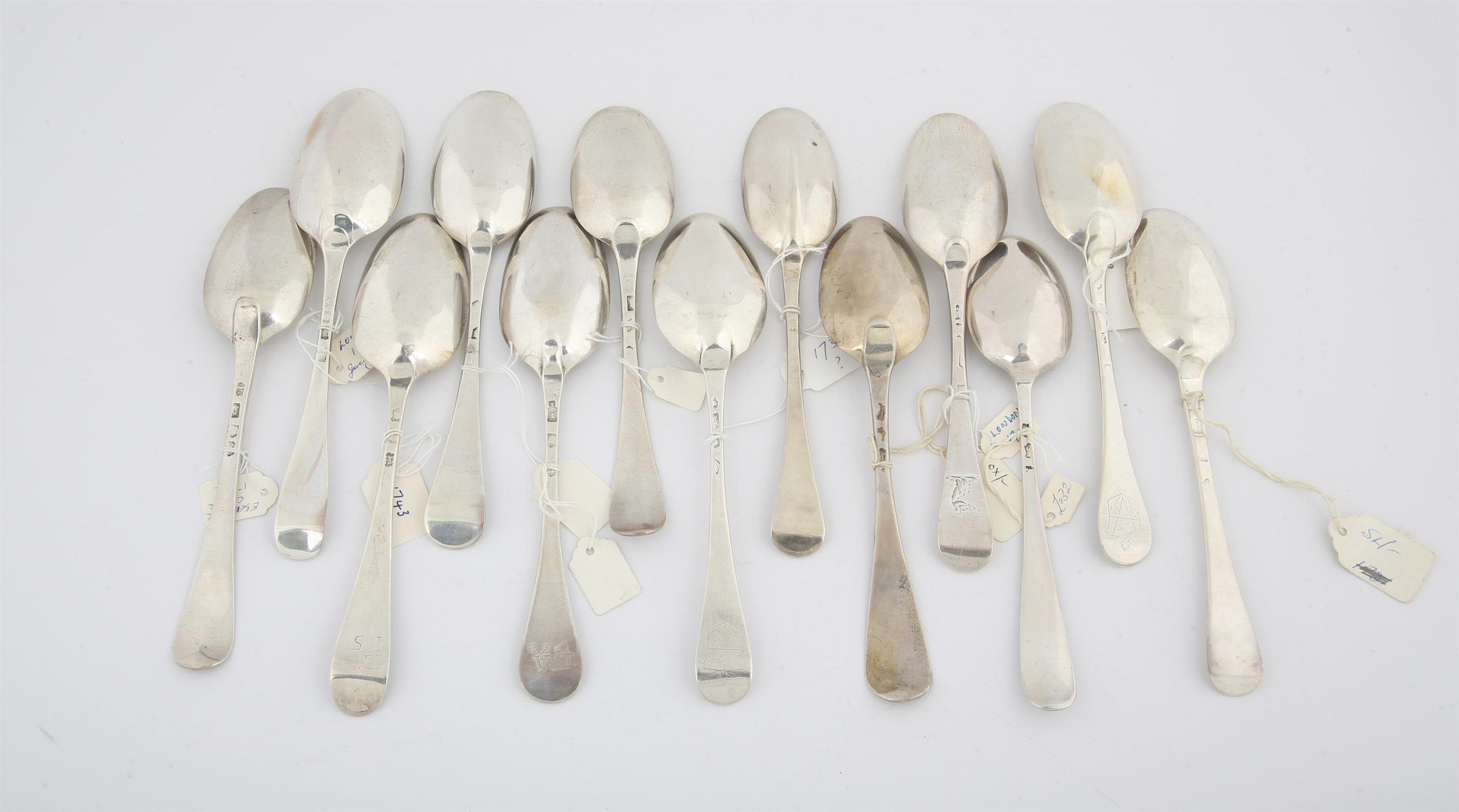 Thirteen various 18th century silver Old English Pattern table spoons, 23.6 ozs 734 grams - Image 2 of 4