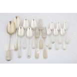 Four 18th century bead edge silver Od English Pattern dessert spoons, and other flatware,