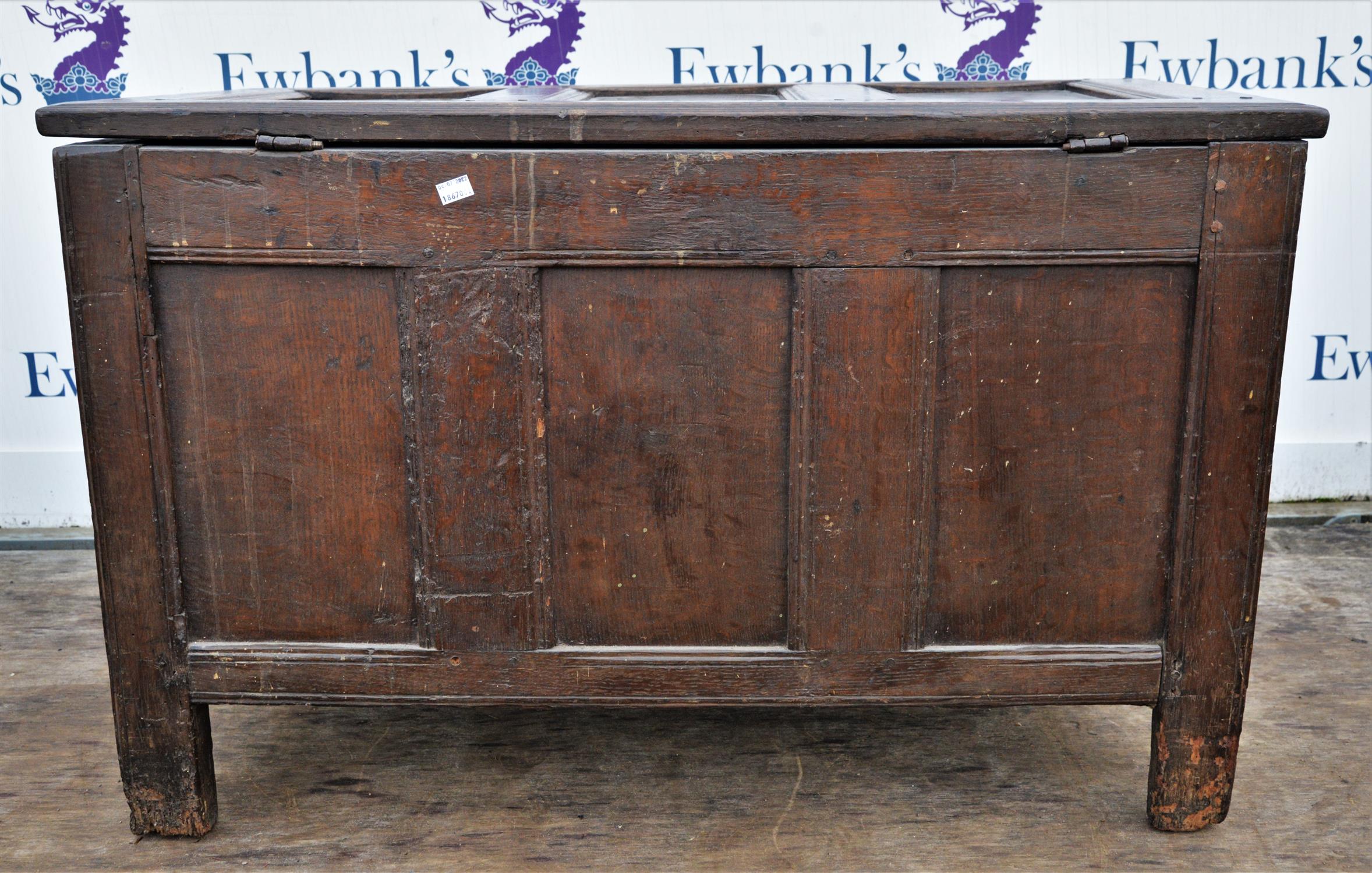 Oak chest, late 17th/early 18th Century, possibly later carved to the facade with geometric designs, - Image 5 of 5