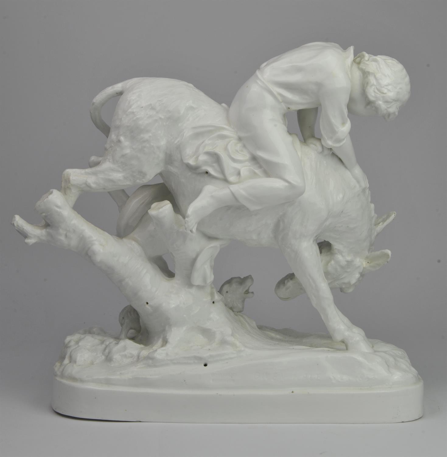 Owen Hales (British, active 1884-1889), a Copeland white glazed porcelain model of a boy riding a - Image 3 of 4