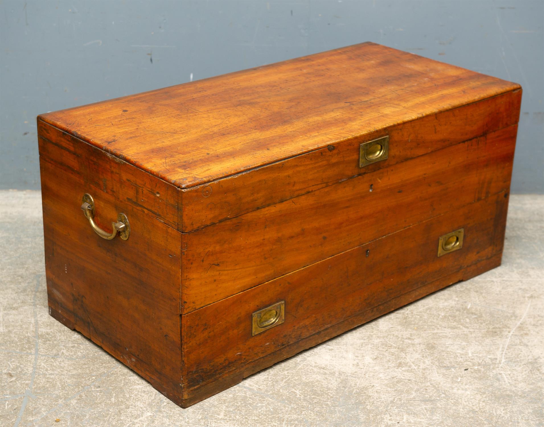 19th century camphorwood campaign chest with lift-out section and single drawer, brass mounts and - Image 4 of 4