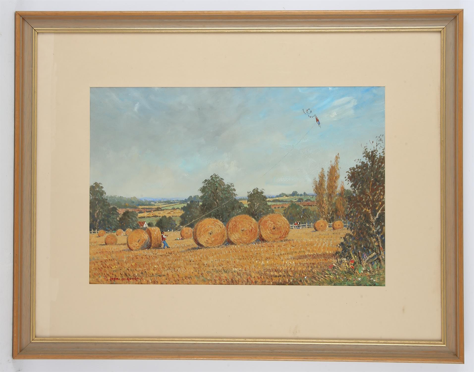 John W. Gough (British, twentieth century), landscape with hay bales, gouache, signed lower left, - Image 2 of 4