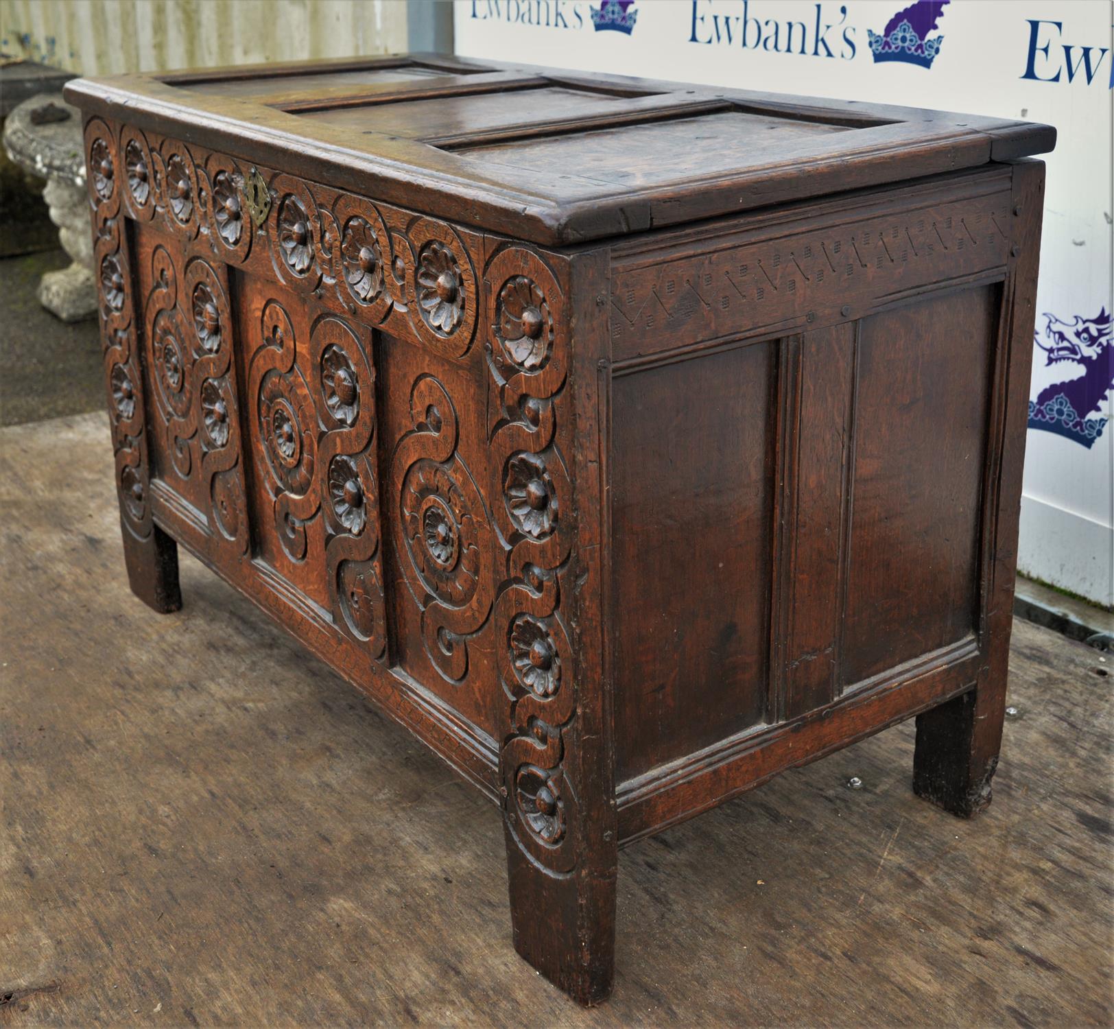 Oak chest, late 17th/early 18th Century, possibly later carved to the facade with geometric designs, - Image 3 of 5