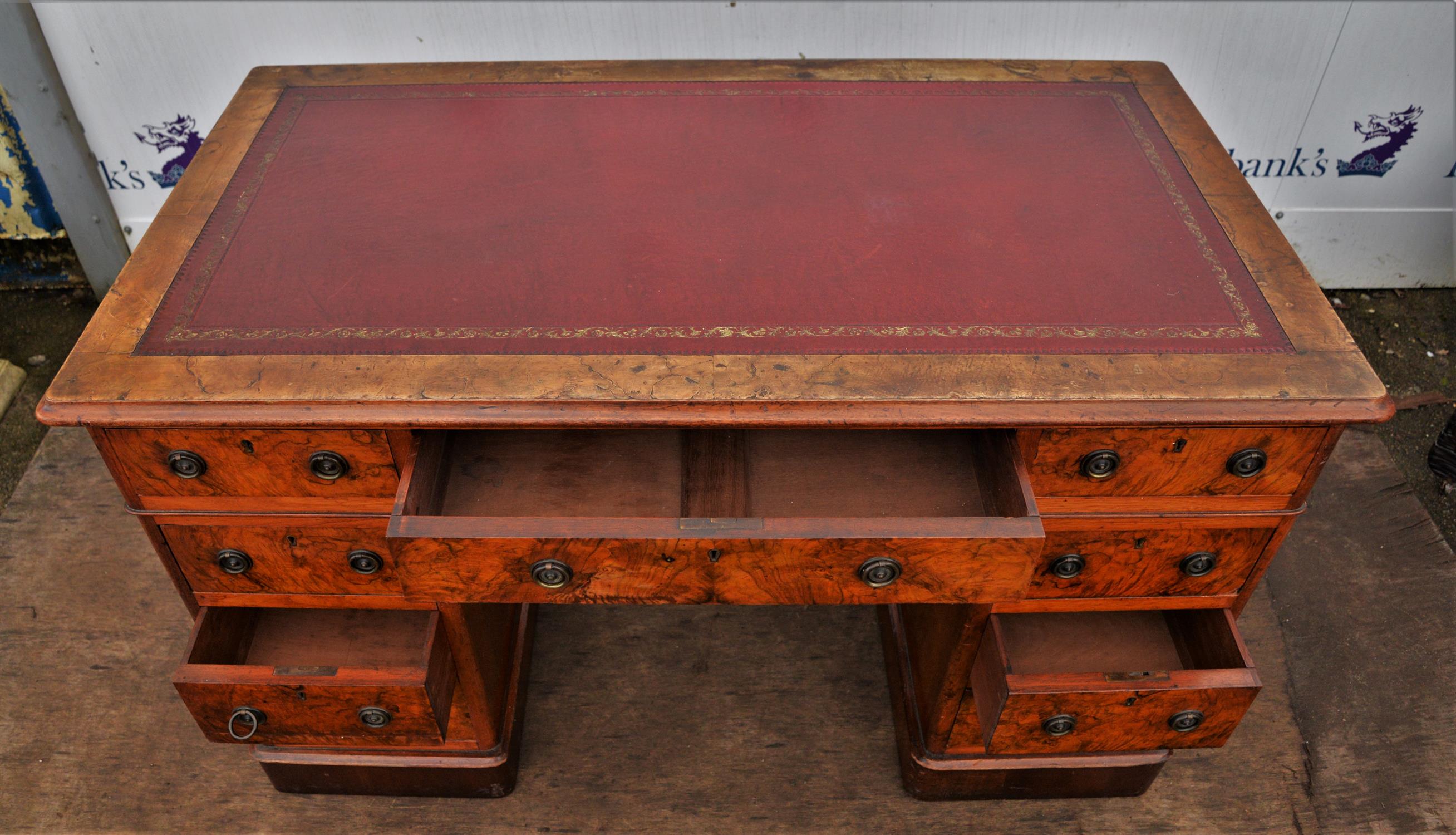 Victorian walnut pedestal desk, the top with red inset leather surface, above three frieze drawers, - Image 3 of 4