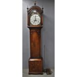 19th century oak long case clock, the painted dial with twin train movement, Roman and Arabic