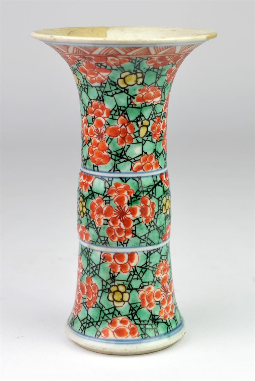 Pair of Chinese famille verte Gu shaped vases, decorated in green and red with flowers, 19cm high, - Image 2 of 5